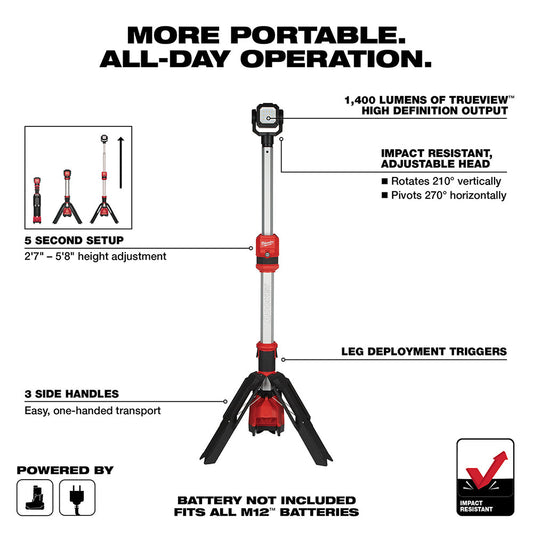 Milwaukee 2132-20 M12™ ROCKET™ Dual Power Tower Light – 1,400 lm, Dual Power, Portable
