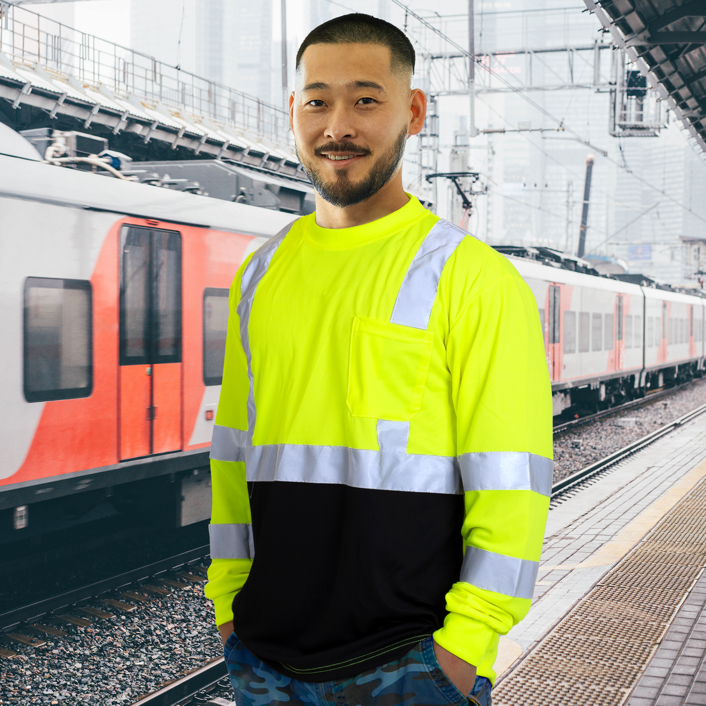 Hi-Vis Long Sleeve Work Shirt — ANSI/ISEA 107-2020 Class 3, Dirt-Concealing Panels