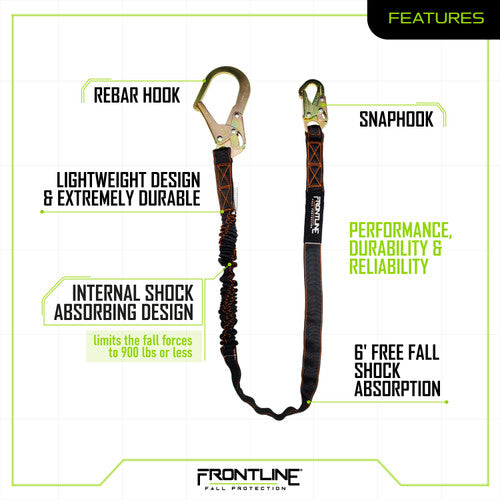Frontline LIS61R Combat 6' Single Leg Rebar Hook Lanyard with Internal Shock Absorber