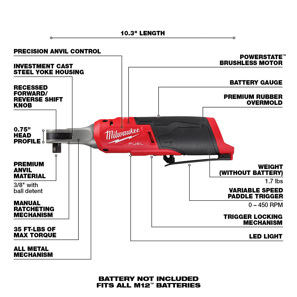 Milwaukee 2567-20 M12 FUEL™ 3/8" High Speed Ratchet – Brushless, 35 ft-lbs Torque