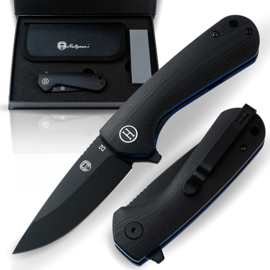 🛒 Peasant Folding Pocket Knife Giftset – D2 Steel, Black & Blue G10 Handle