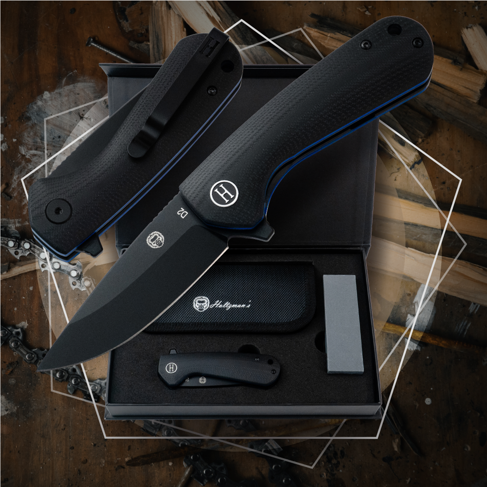 🛒 Peasant Folding Pocket Knife Giftset – D2 Steel, Black & Blue G10 Handle