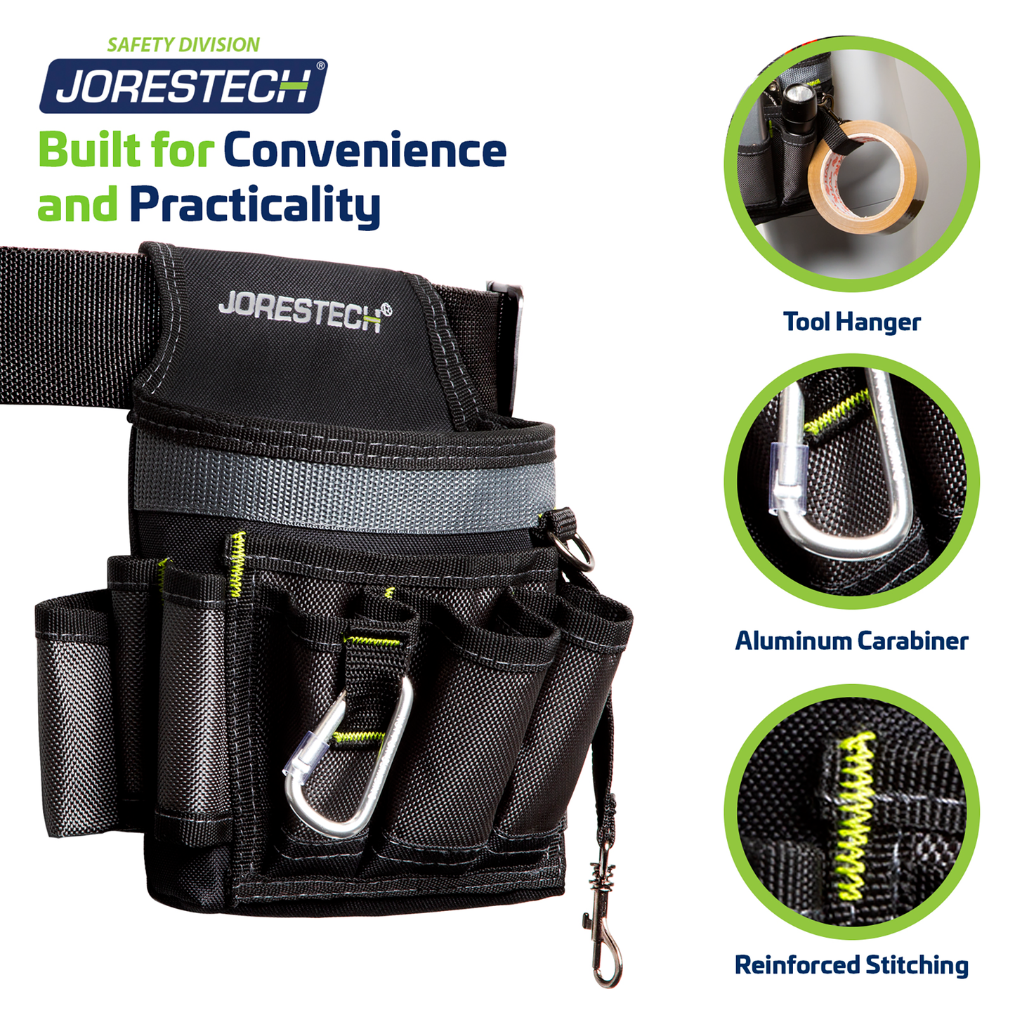 6 Pocket Tool Belt Pouch – Utility Organizer with Clip & Carabiner
