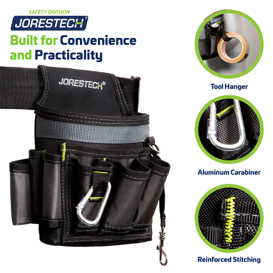 6 Pocket Tool Belt Pouch – Utility Organizer with Clip & Carabiner