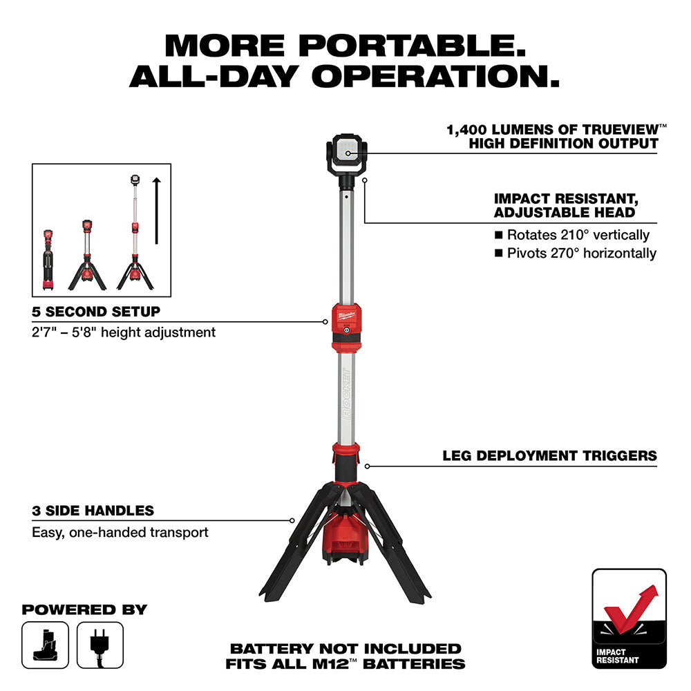 Milwaukee 2132-20 M12™ ROCKET™ Dual Power Tower Light – 1,400 lm, Dual Power, Portable