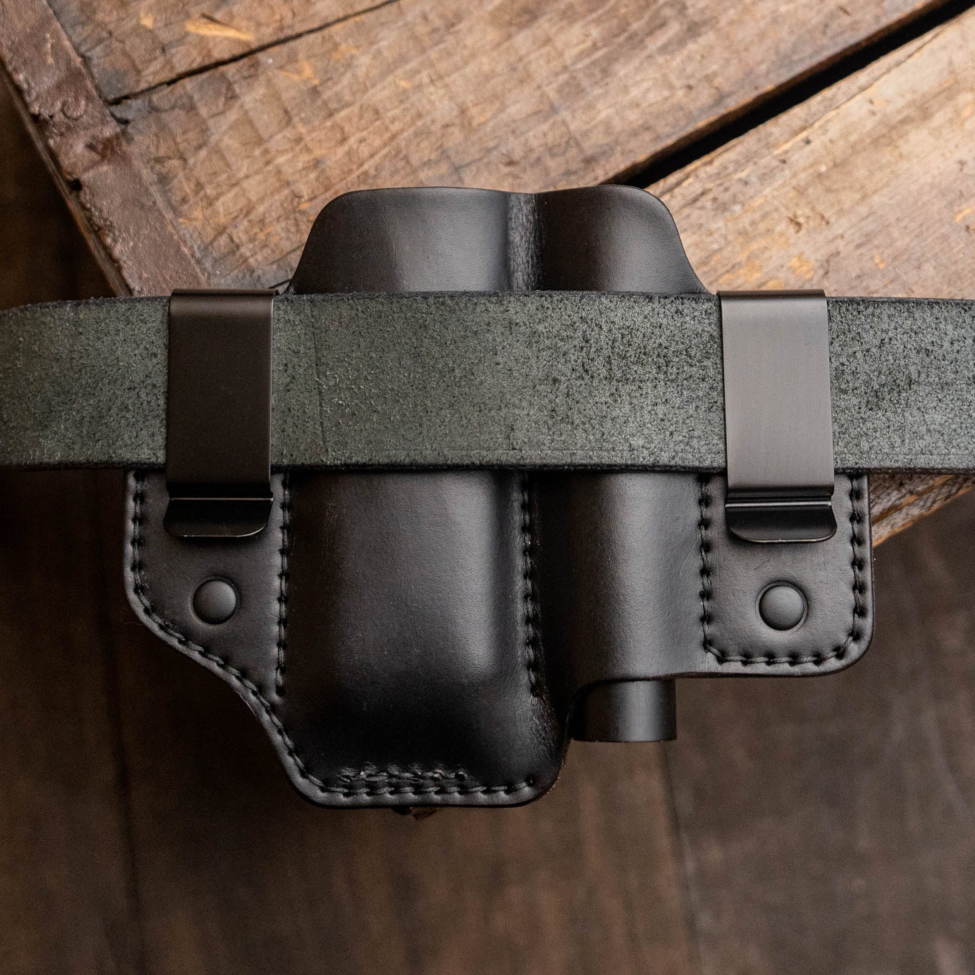 MPU XL Shadow Leather EDC Sheath – Double Clip Multitool & Flashlight Carry – BackstageShoppe