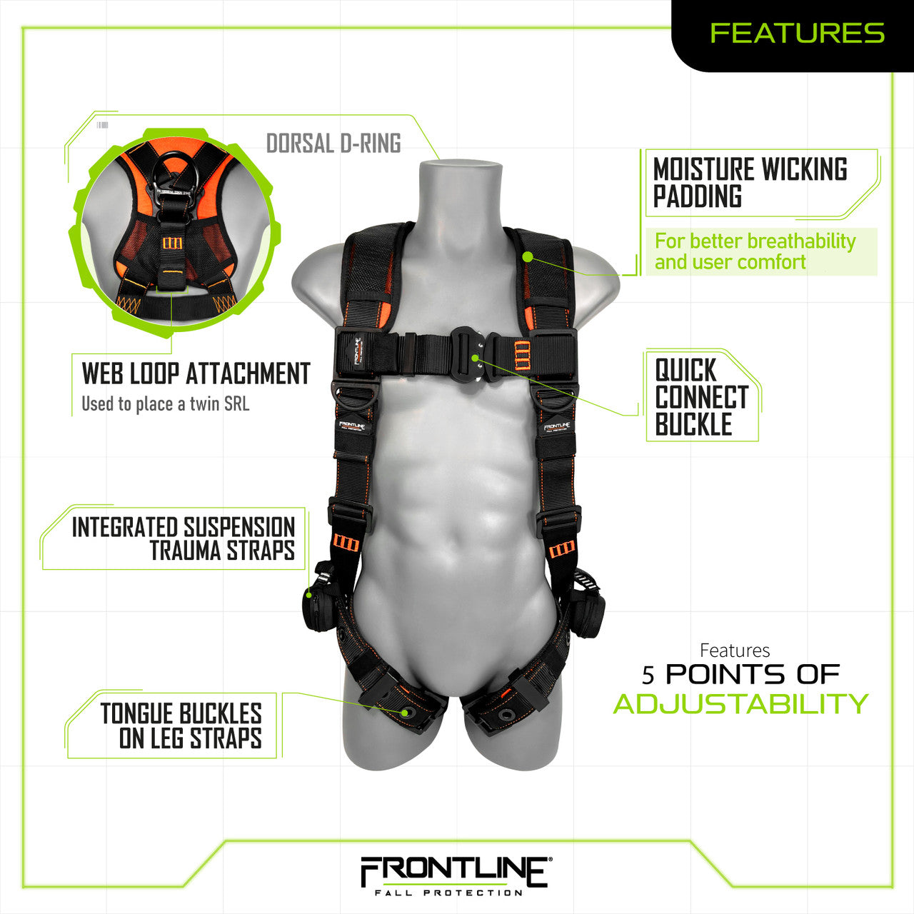 Frontline 110VTB Vest Style Full-Body Harness – M/L, Aluminum Hardware & Trauma Straps