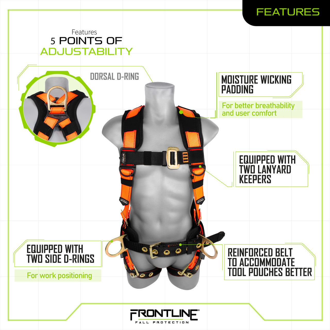 Frontline 50CTB Combat Construction Style Full Body Harness with Tongue Buckle Belt &amp; Legs – M/L