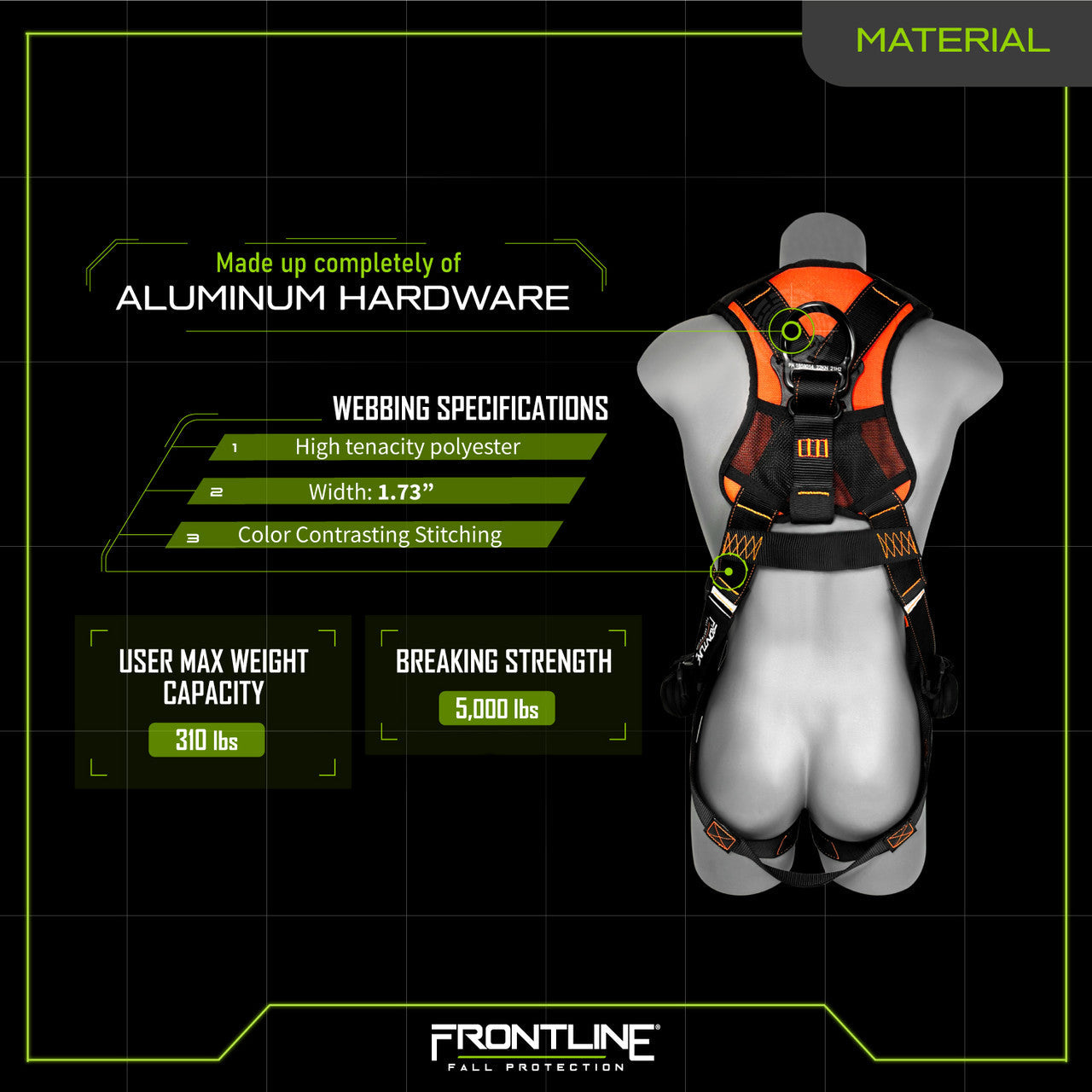Frontline 110VTB Vest Style Full-Body Harness – M/L, Aluminum Hardware & Trauma Straps