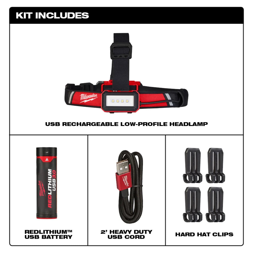 Milwaukee 2115-21 REDLITHIUM™ USB Low-Profile Headlamp – 600 lm, Rechargeable, Hard Hat Clips