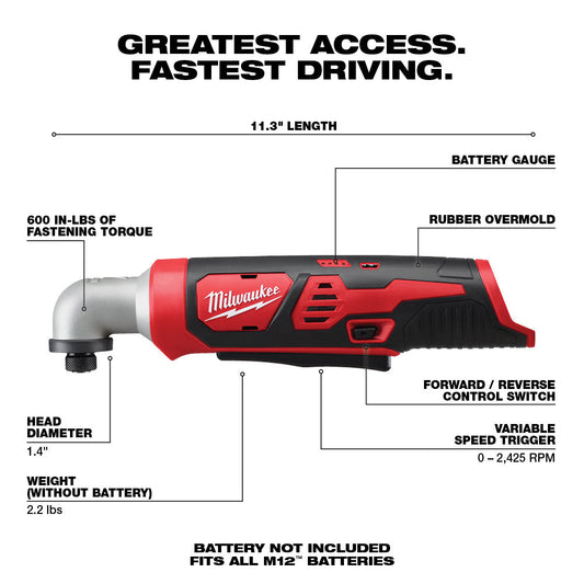Milwaukee 2467-20 M12™ 1/4" Hex Right Angle Impact Driver – Compact, 600 in-lbs Torque