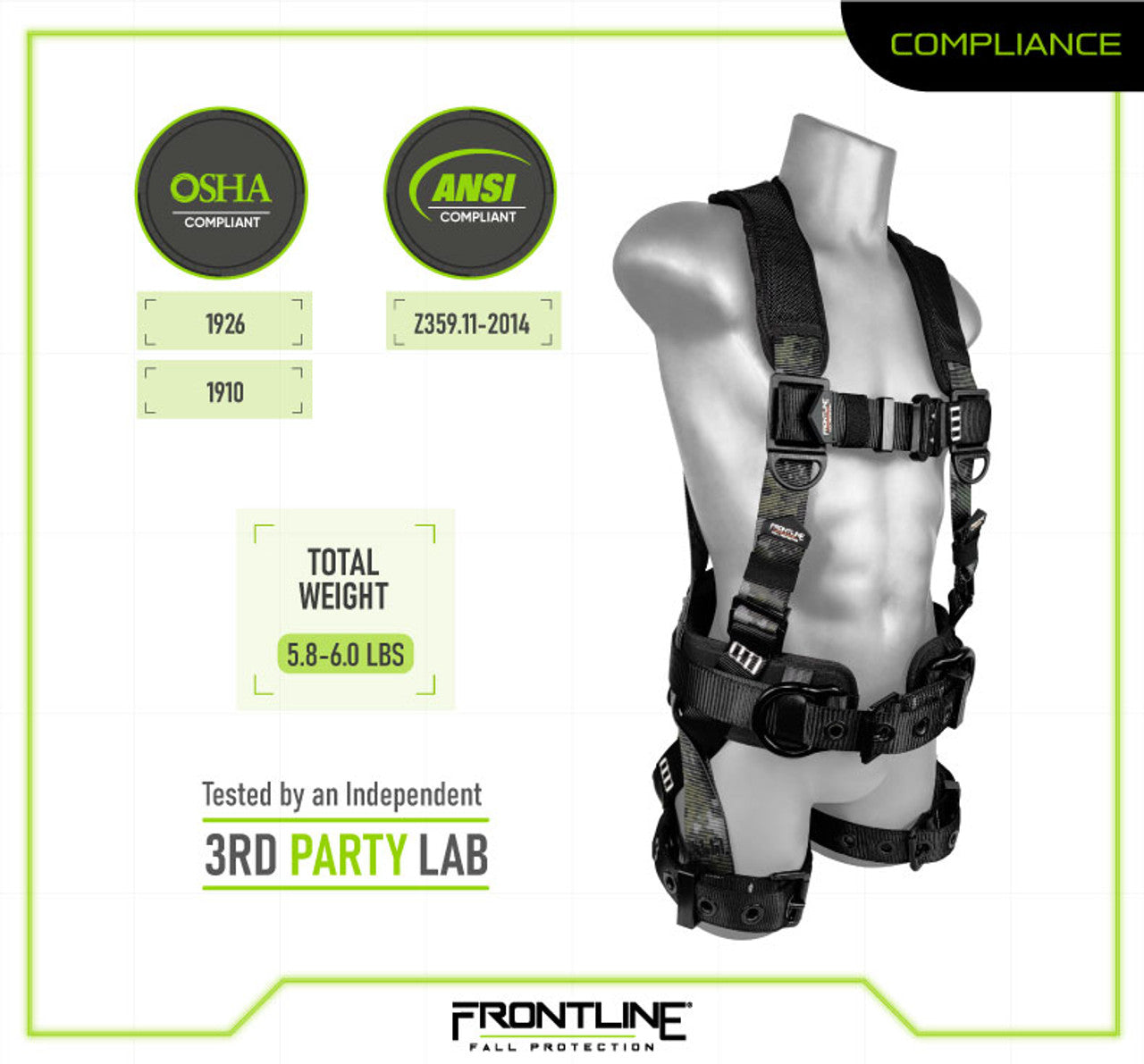Frontline 110CTB‑DC Digital Camo Full-Body Harness – M/L Size, Aluminum Hardware, Trauma Straps