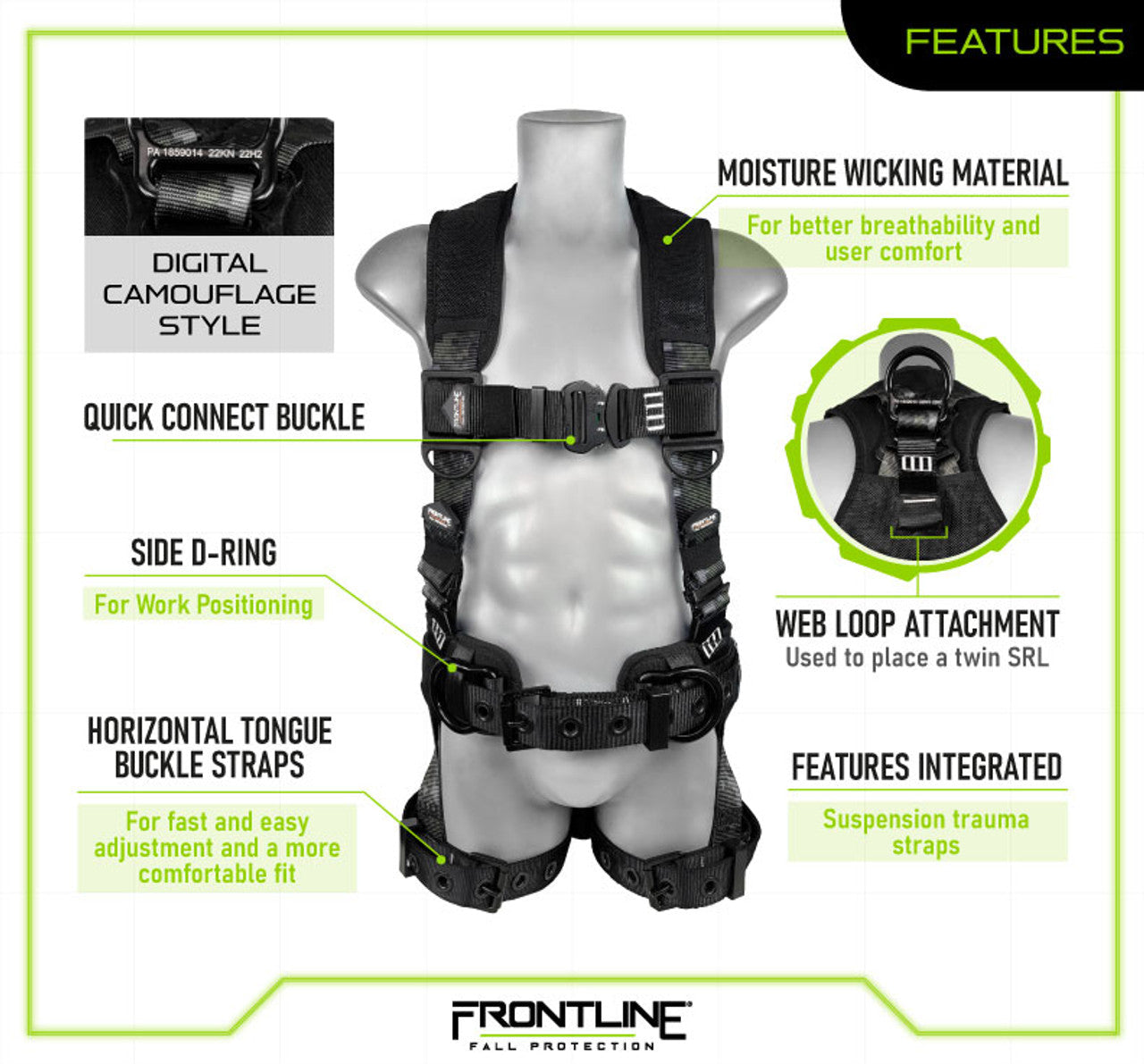 Frontline 110CTB‑DC Digital Camo Full-Body Harness – M/L Size, Aluminum Hardware, Trauma Straps